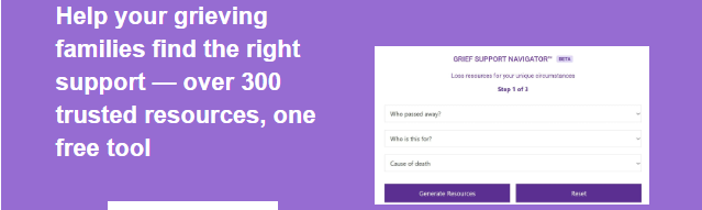 Screenshot of the Grief Support Navigator tool showing a step by step form to help grieving families find tailored support resources based on their type of loss